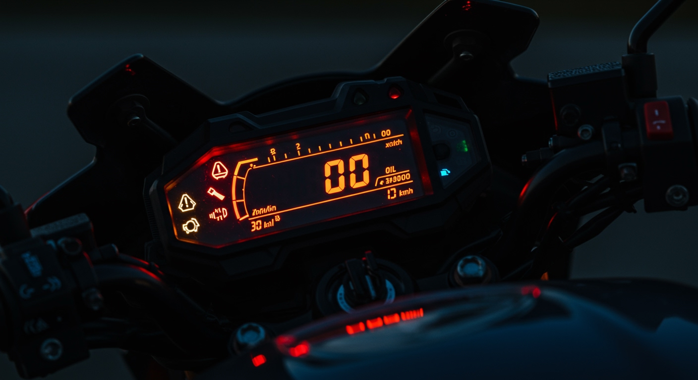 Close-up shot of a modern motorcycle's digital dashboard, displaying multiple warning lights illuminated in red or orange: engine check light, oil pressure warning, and possibly an overheating indicator. The dashboard is sharp and clear, with a slightly blurred dark background, suggesting night riding or a serious issue demanding attention. High contrast, technical detail.