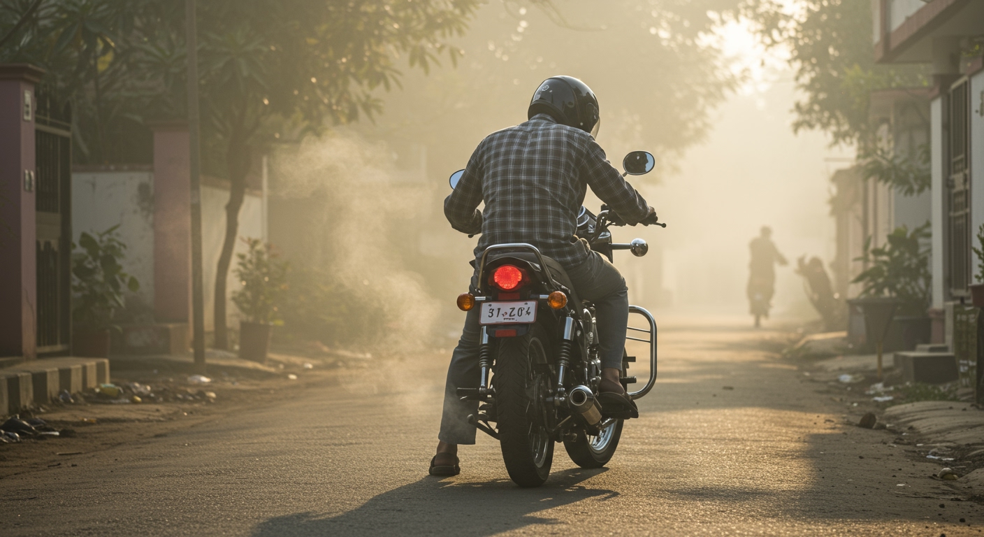 A rider gently starting their traditional Indian commuter motorcycle on a cool, misty morning in a quiet residential street in India. wisps of exhaust vapor visible. The rider is patient, allowing the bike to idle smoothly for a minute or two before setting off calmly. Soft morning light, serene atmosphere, focus on the warmth and care.