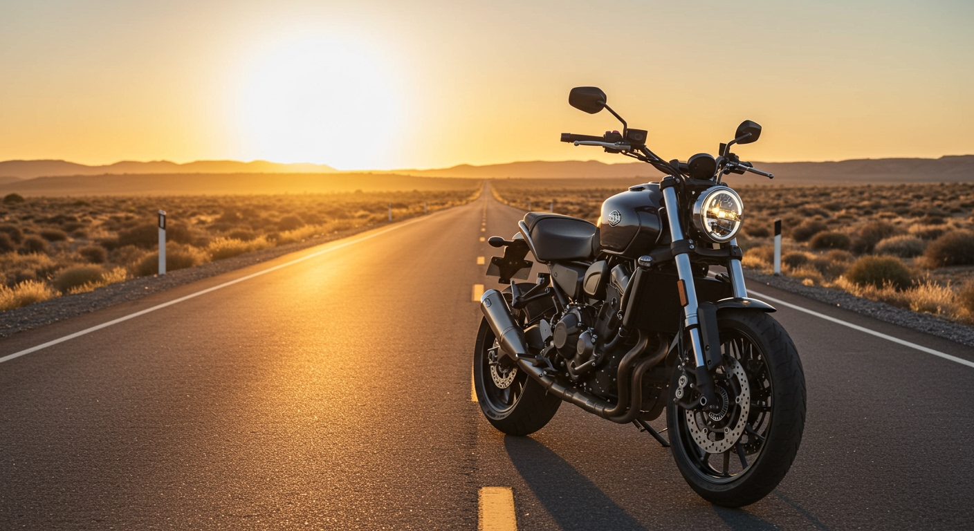 A well-maintained, gleaming motorcycle parked confidently at the end of a long, open highway, bathed in the warm glow of a sunset. The road stretches into the distance, symbolizing longevity and enjoyment. The bike is clean, tires shine, and details are crisp, reflecting the joy of a healthy machine. Cinematic, inspiring, majestic.