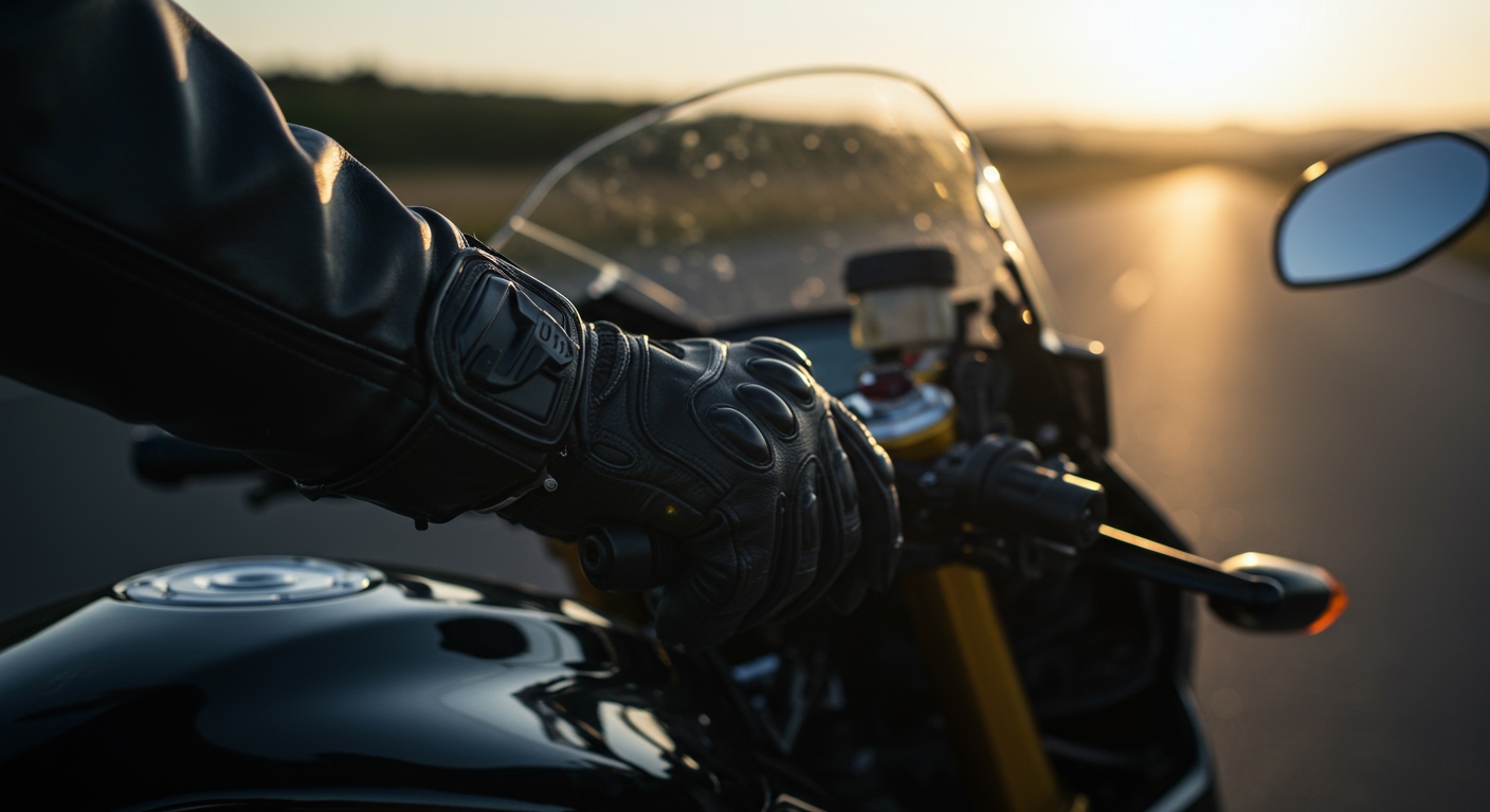 A close up of a biker's gloved hand on the throttle of a sleek, black motorcycle, with the road stretching into the distance at dawn. Realistic, cinematic, focus on the details.
