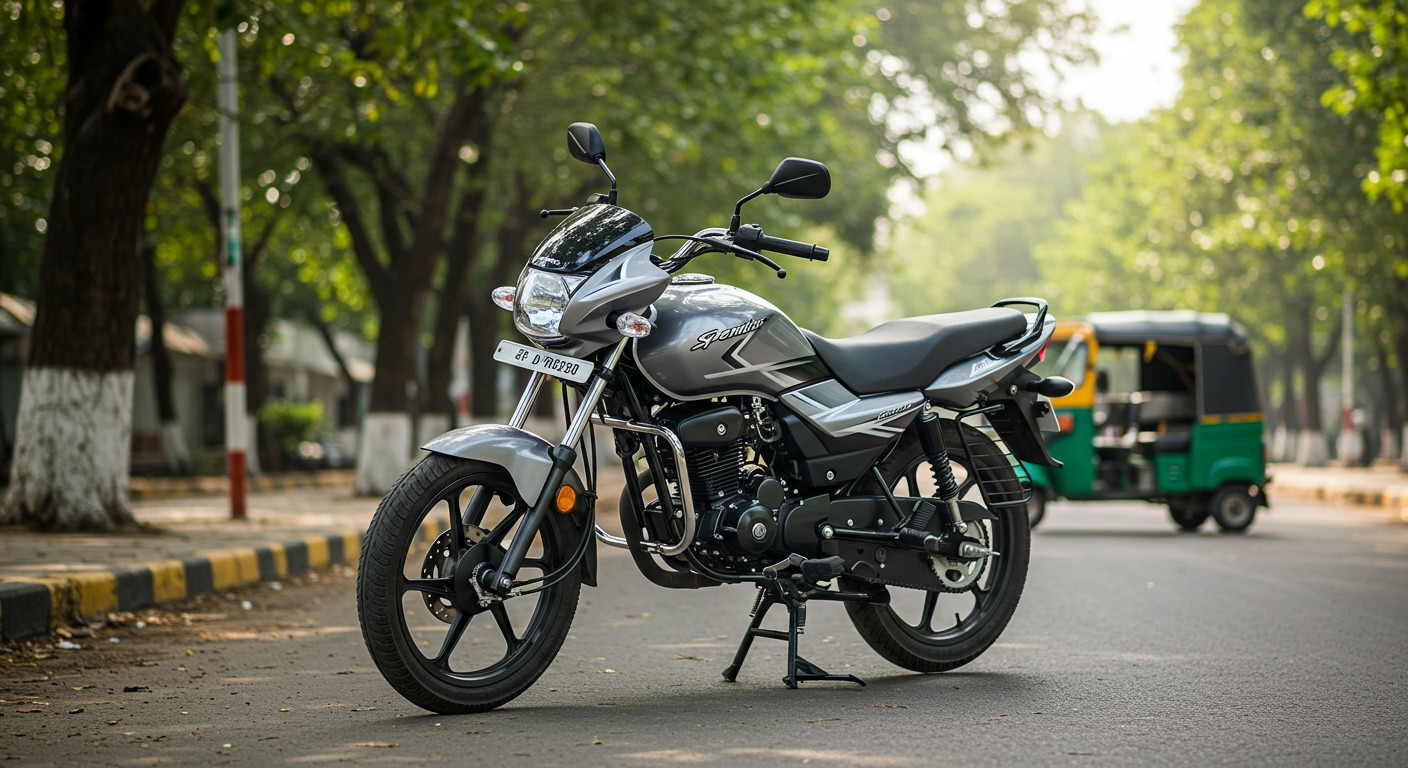 A sleek, modern Hero Splendor Plus motorcycle, silver and black, parked on a sunlit, bustling Indian street. Lush green trees line the sidewalk, and a yellow auto-rickshaw is visible in the background. The bike is clean, detailed, and ready for a ride. Realistic, cinematic light, shallow depth of field.