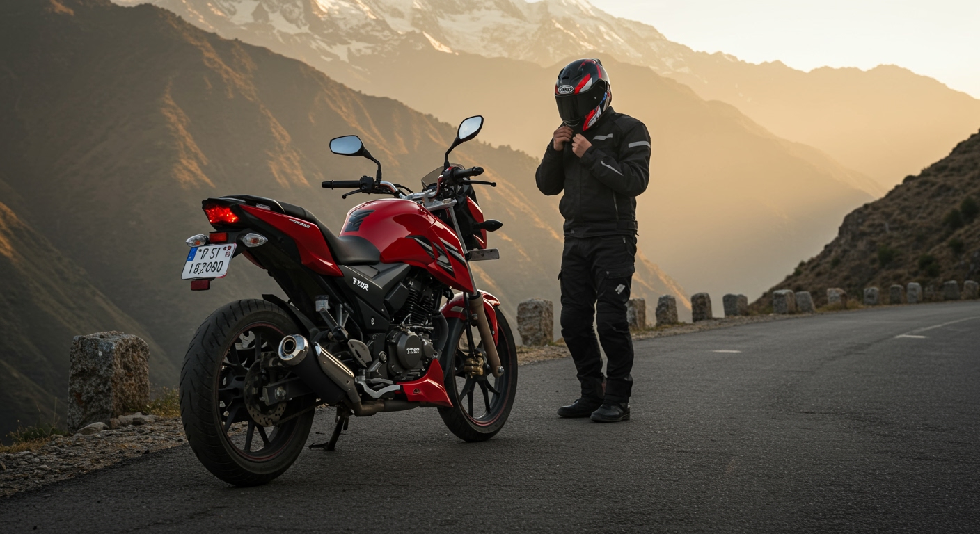 A dynamic shot of a red TVS Apache RTR 160 motorcycle, gleaming in golden hour sunlight, parked on the side of a winding mountain road in the Himalayas, a rider in black jacket adjusting helmet. Snow-capped peaks in distance, clean asphalt. High resolution, dramatic lighting, epic.