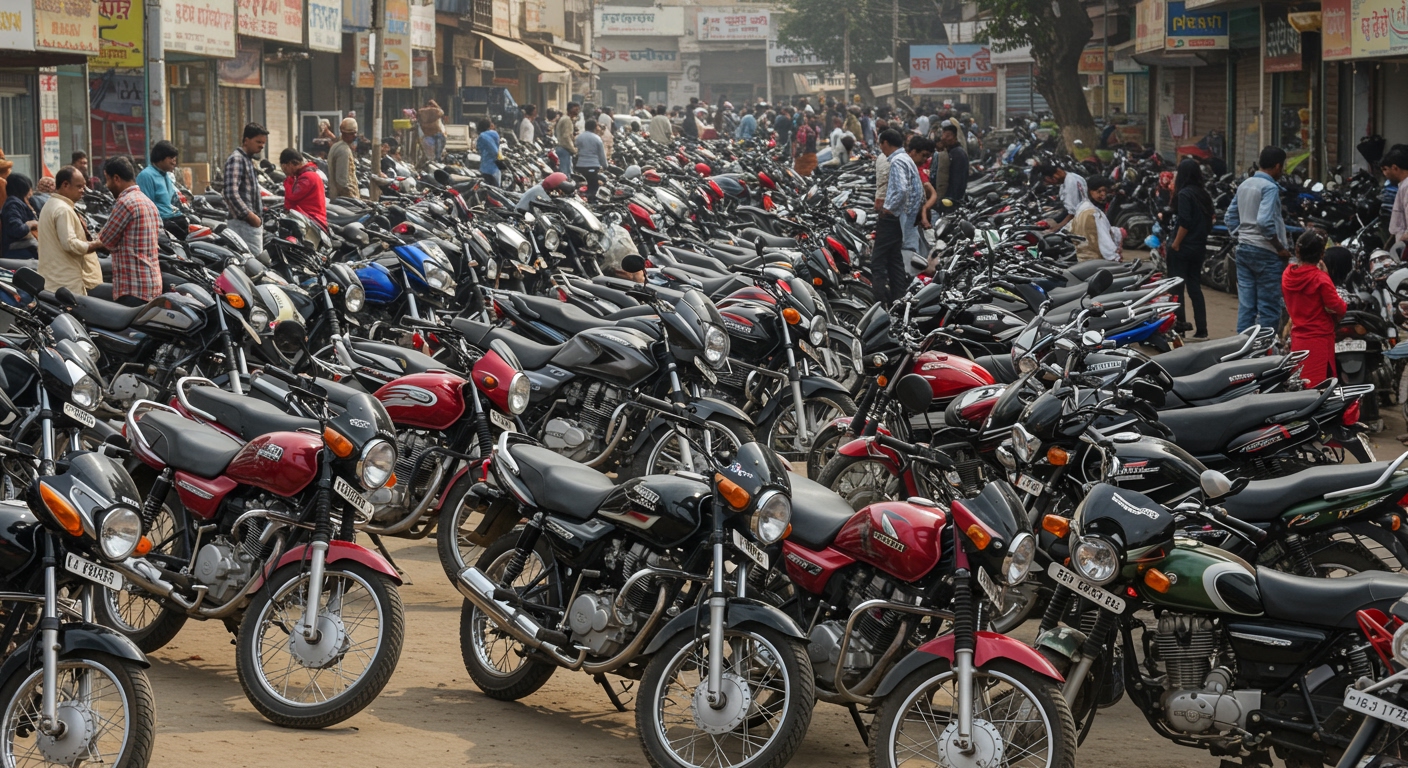 A bustling outdoor used motorcycle market scene in an Indian city. Numerous bikes of different models and colors are parked neatly in rows. Shoppers are inspecting bikes, talking to vendors. Bright daylight, realistic street scene, bustling atmosphere, diverse crowd.