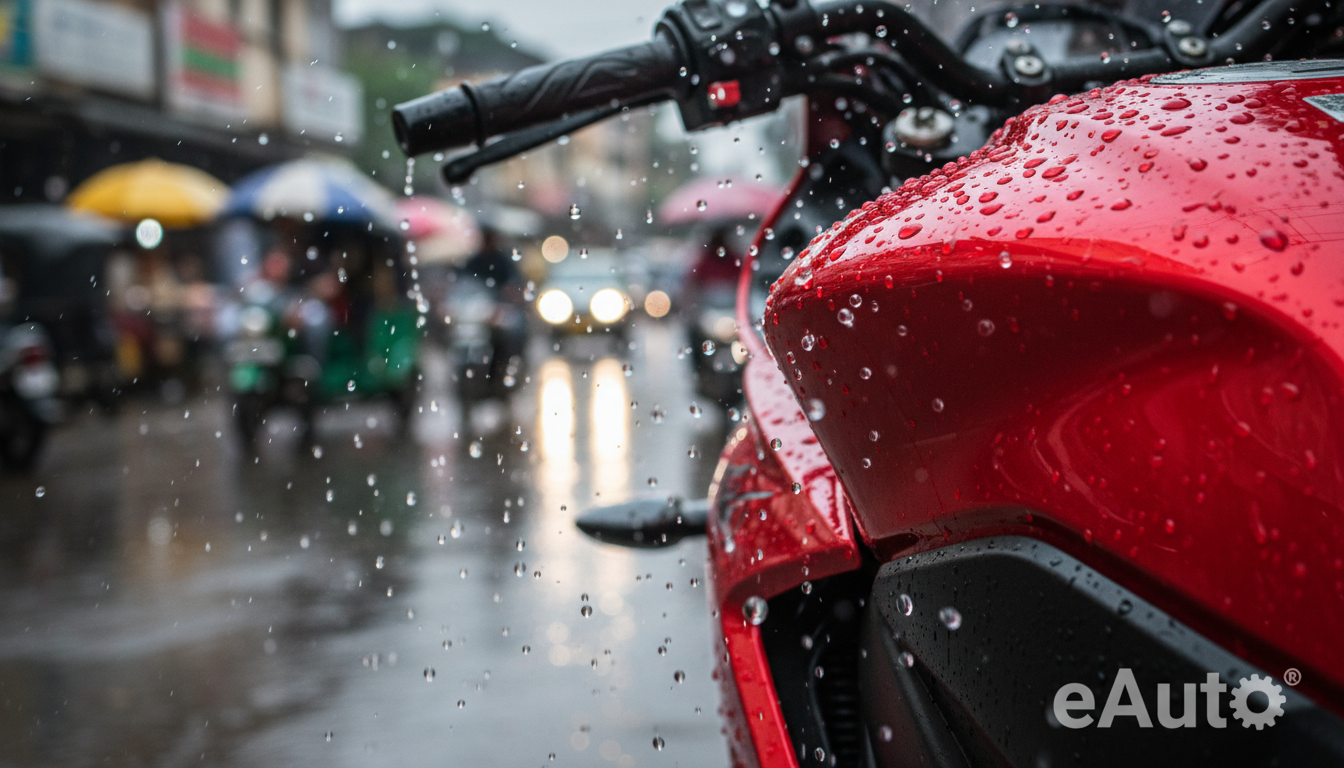 Close-up of numerous spherical water beads beautifully rolling off the ceramic-coated glossy red fuel tank of a sports motorcycle, showcasing the super-hydrophobic effect. The background is a blurred, bright scene of a typical Indian urban street after rain.