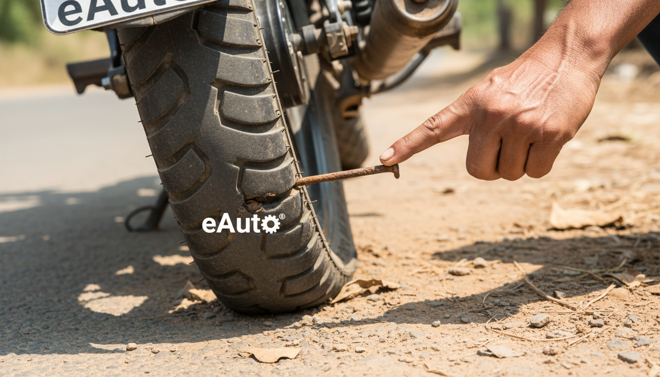 A close-up shot of a motorcycle tyre with a nail stuck in it on a dusty Indian road, a hand pointing to the nail, showing the common problem of puncture, bright daylight.