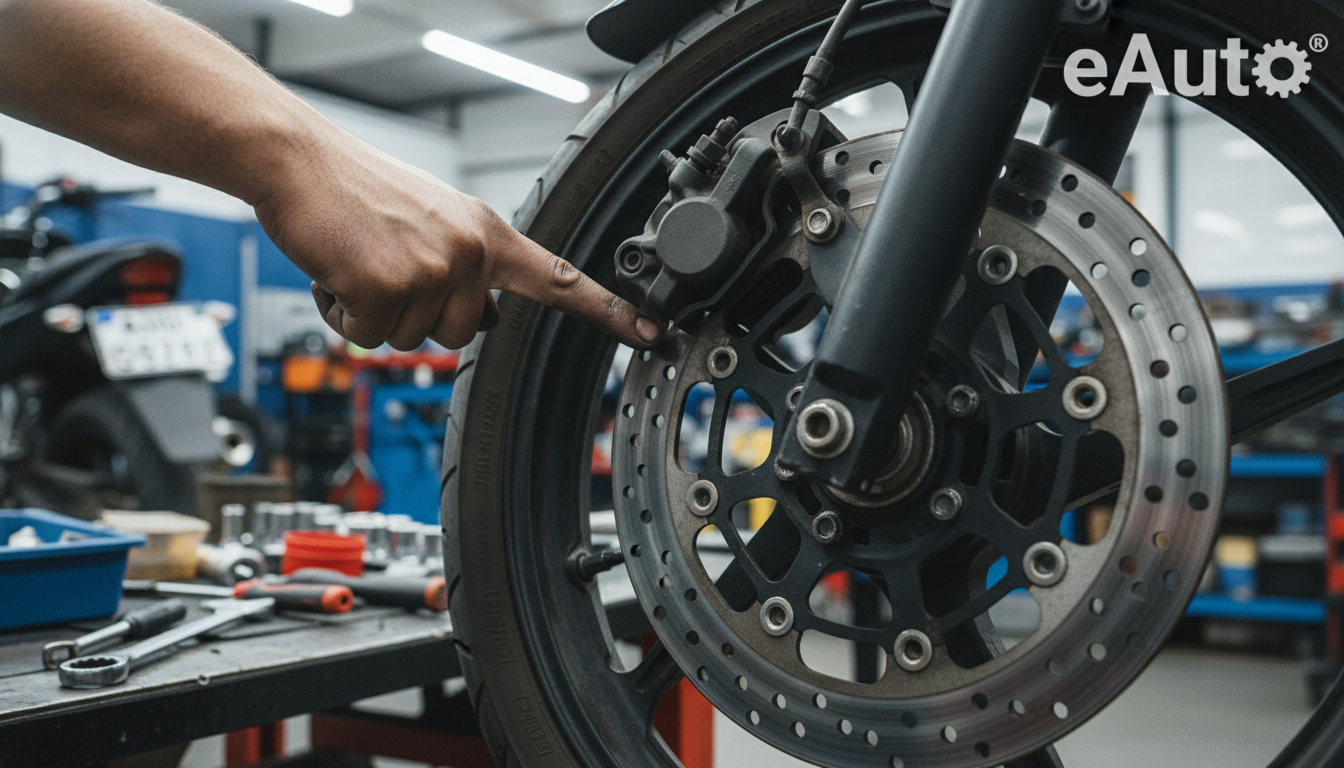 A close-up shot of a motorcycle's front disc brake caliper and rotor, showing brake pads, with a mechanic's hand checking the components, workshop environment, bright lighting.