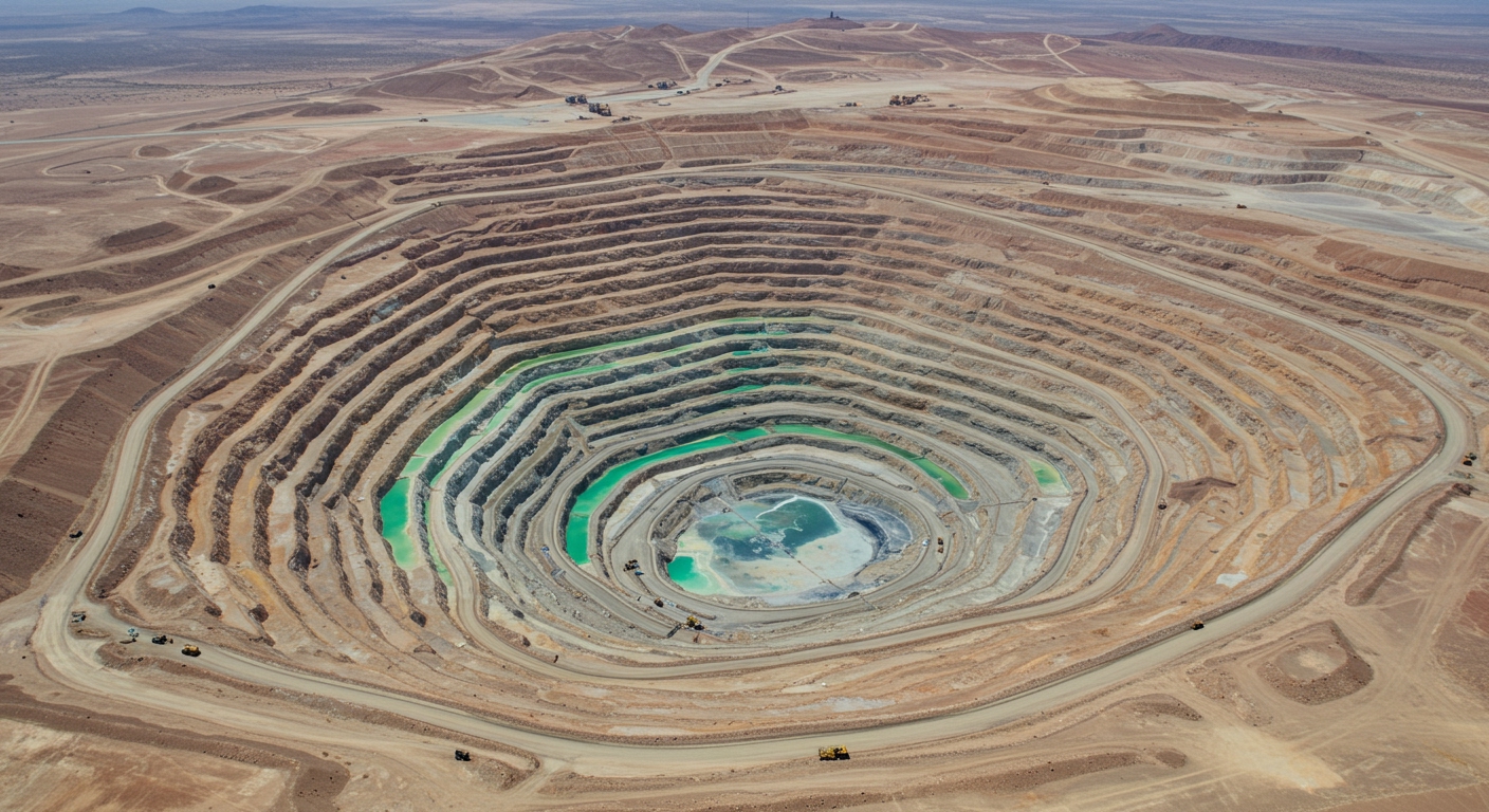 An aerial view of an open-pit lithium mining operation, showing vast, terraced pits filled with turquoise brine ponds, heavy industrial vehicles in the distance, surrounded by an otherwise arid and barren landscape, emphasizing environmental disruption and resource extraction.