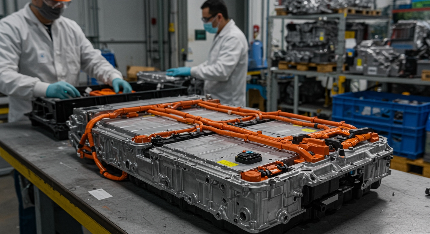 A disassembled electric vehicle battery pack, revealing individual cells, intricate wiring, and cooling systems, in a specialized recycling facility with technicians in safety gear meticulously sorting components, highlighting the technical challenge of EV battery recycling.