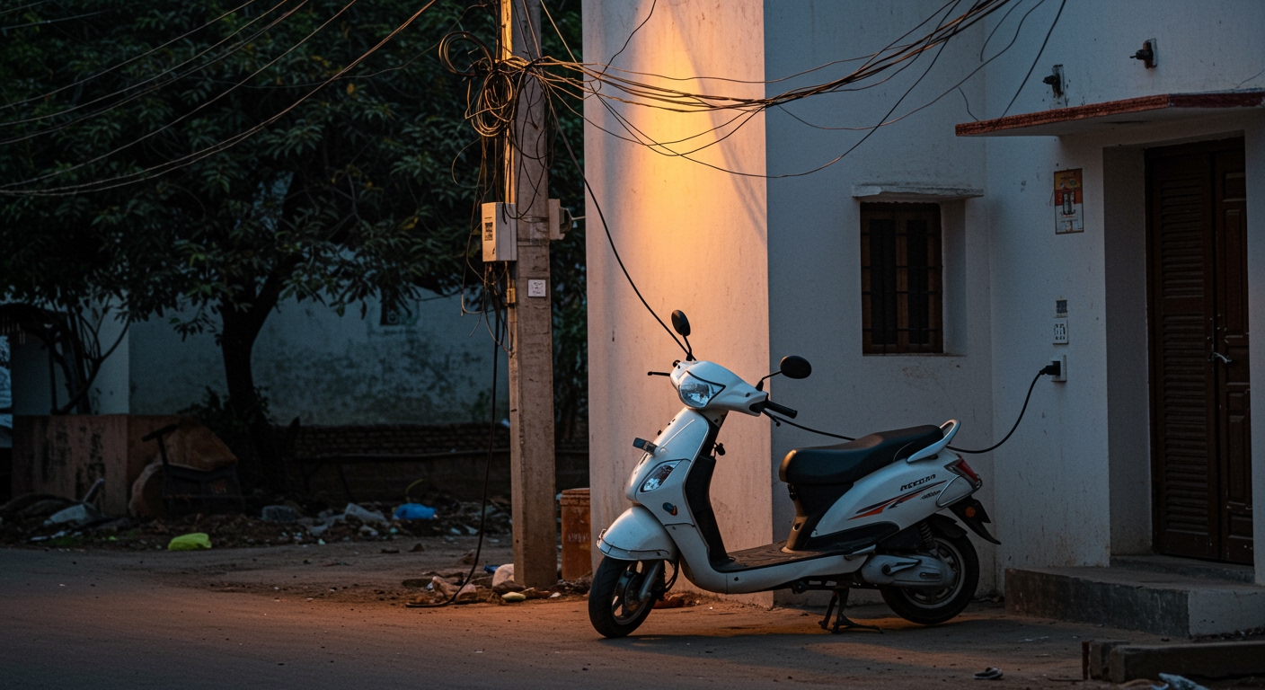 An Indian street scene at dusk, depicting an electric scooter plugged into a wall socket outside a modest house, with multiple visible, haphazardly arranged wires leading from a power pole, suggesting unreliable rural power supply and typical Indian 'jugaad' (improvised) solutions for charging in a congested and electrically unstable environment.