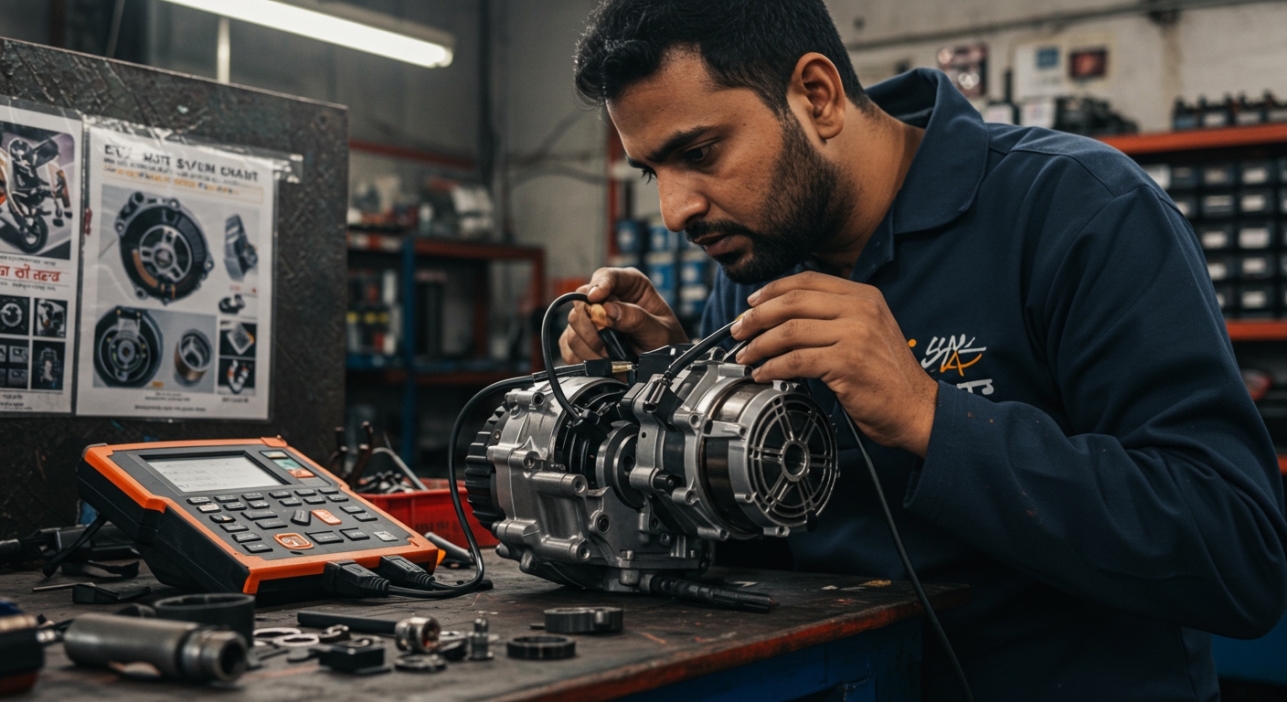 A skilled mechanic in a busy Indian garage concentrating on diagnosing a complex electric scooter motor and controller, with specialized diagnostic tools connected, surrounded by a workbench cluttered with custom spare parts and technical manuals, illustrating the unique challenges and potentially high costs associated with EV repair.