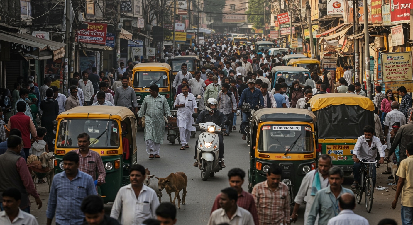 A bustling Indian street scene from a slightly elevated perspective, showcasing an electric scooter silently weaving through a dense crowd of pedestrians, stray animals, auto-rickshaws, and traditional bicycles, emphasizing the potential safety hazard created by the e-scooter's quiet operation amidst the typical urban din.