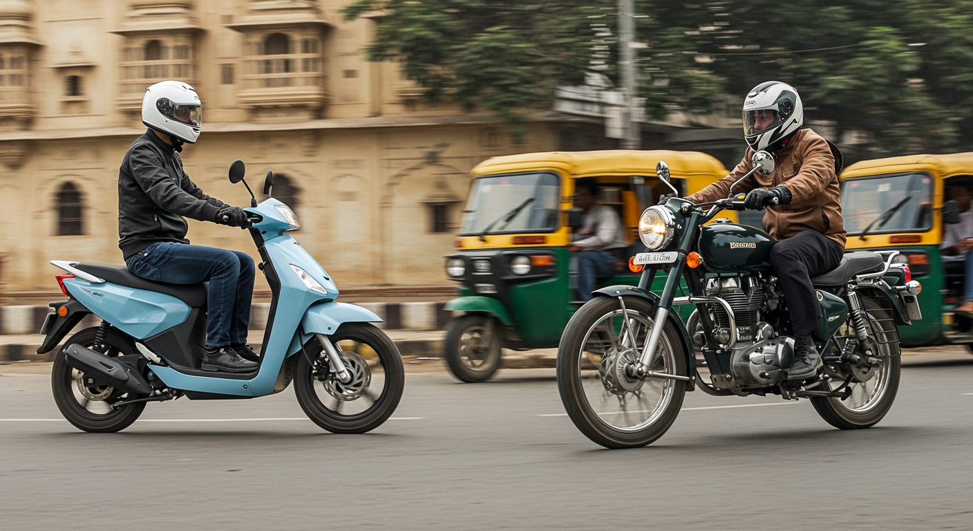 A dynamic shot capturing the essence of both worlds: a sleek, modern electric scooter or motorcycle gliding silently on the left, juxtaposed with a powerful, roaring petrol motorcycle (like a Royal Enfield Classic 350 or Hero Splendor) on the right, both navigating a bustling Indian urban street with auto-rickshaws and pedestrians, representing the choice riders face in India. The background shows a mix of traditional and modern Indian architecture reflecting the contrast.