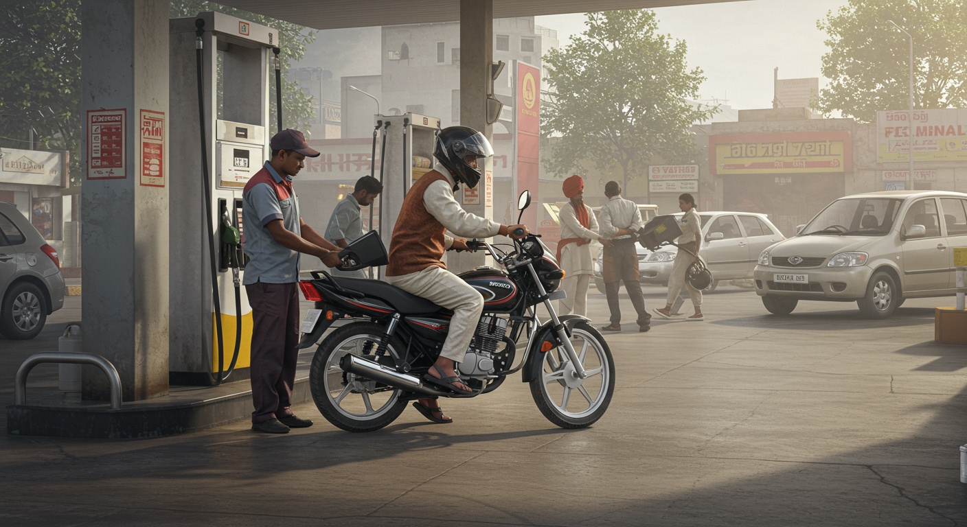 A vibrant and realistic image showcasing a typical Indian petrol pump scene. A traditional, popular Indian petrol motorcycle (like a Hero Splendor or Bajaj Pulsar), ridden by a person in traditional Indian attire, is being refueled by an attendant at a bustling petrol station, surrounded by other bikes and cars, with the bright yellow and red colors of the pump visible. The rider patiently waits, helmet in hand, reflecting the common routine of re-fuelling.