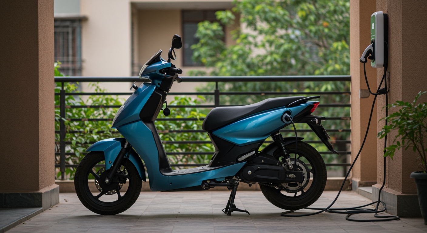 A modern, sleek electric scooter or motorcycle (e.g., Ather 450X or Ola S1 Pro) in a vibrant metallic blue, neatly parked and charging at a dedicated home charging point in an urban Indian setting. The background shows a typical Indian apartment parking area or a well-maintained residential balcony, with green plants, hinting at a quiet and efficient lifestyle. A charging cable is visibly connected and glowing.