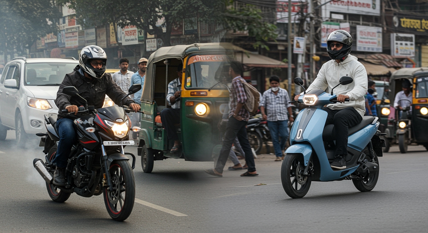 A visually engaging split-screen or overlay image. On one side, an Indian rider on a classic petrol bike (like a Bajaj Pulsar), with visible exhaust fumes, navigates through heavy, noisy city traffic, dodging auto-rickshaws and pedestrians. On the other side, a rider on a silent, modern electric scooter (like an Ather 450X) glides smoothly and quietly through a similar chaotic Indian urban scene, emphasizing the environmental and noise difference between the two technologies.