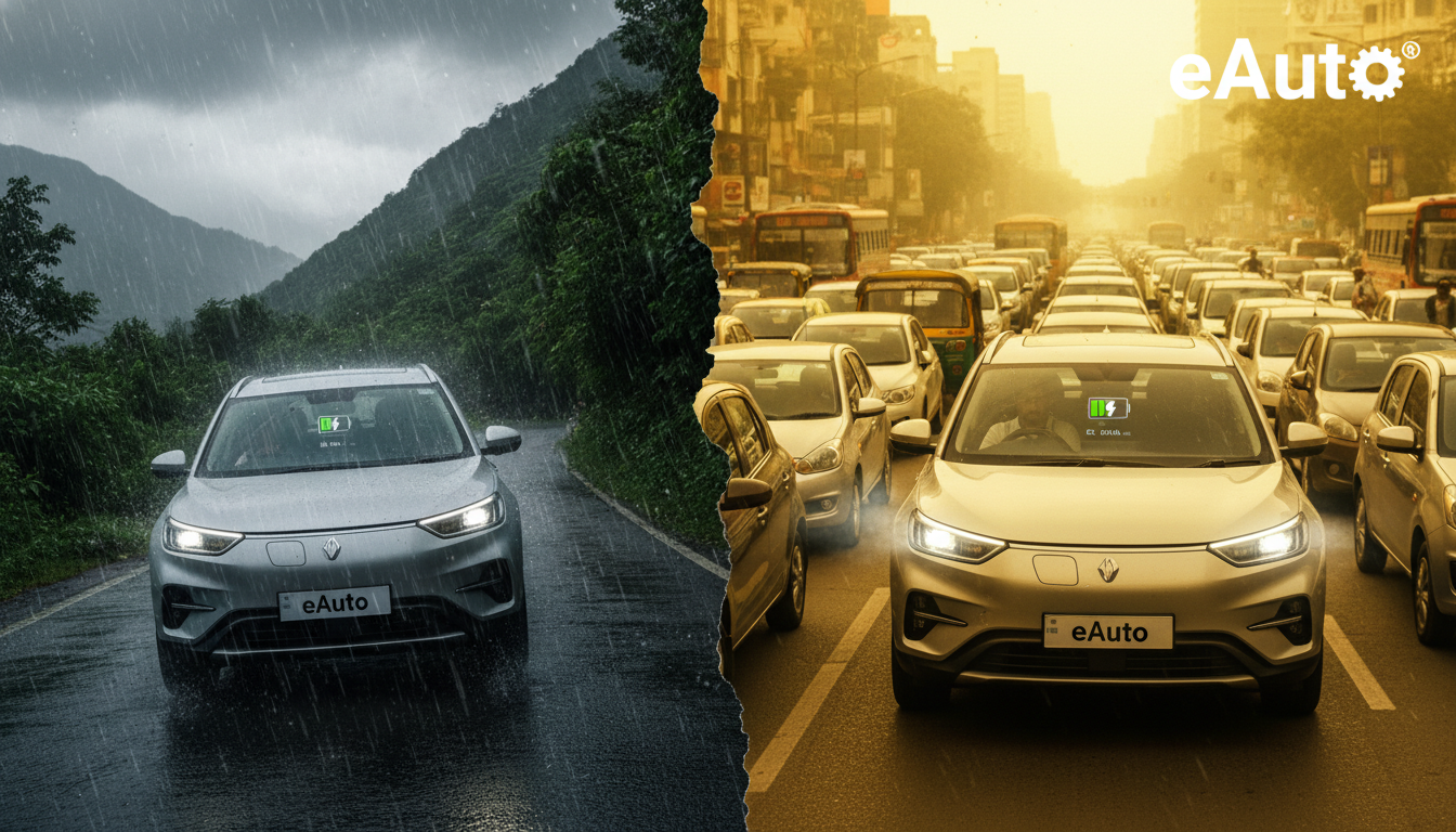 A split image creatively depicting the challenges of EV range in India. One side shows an electric SUV struggling to climb a steep, winding mountain road in heavy monsoon rain, with its battery indicator visibly dropping. The other side shows the same model stuck in a dense, gridlocked Indian city traffic jam during a sweltering heatwave, with the AC vents visible inside the car working hard. Realistic, slightly dramatized to highlight energy consumption.