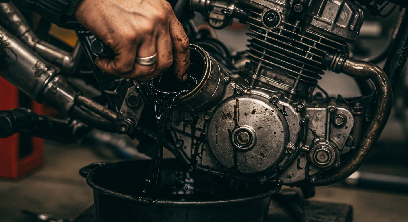 A close-up shot of a mechanic's hand draining extremely black, sludgy engine oil from an old motorcycle engine, highlighting neglect of regular servicing.