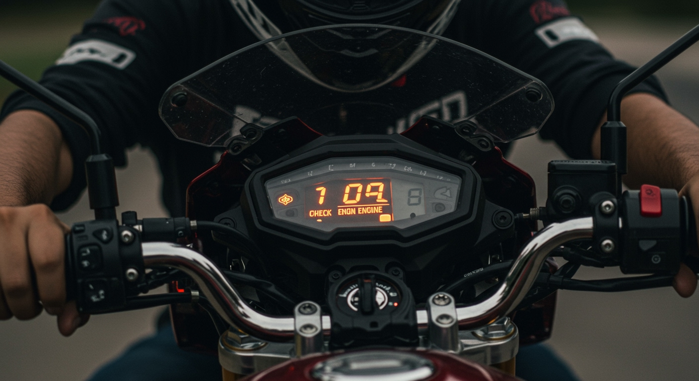 A motorcycle dashboard displaying an illuminated 'check engine' warning light, with a slightly blurred background of a worried Indian rider's helmet and hands.
