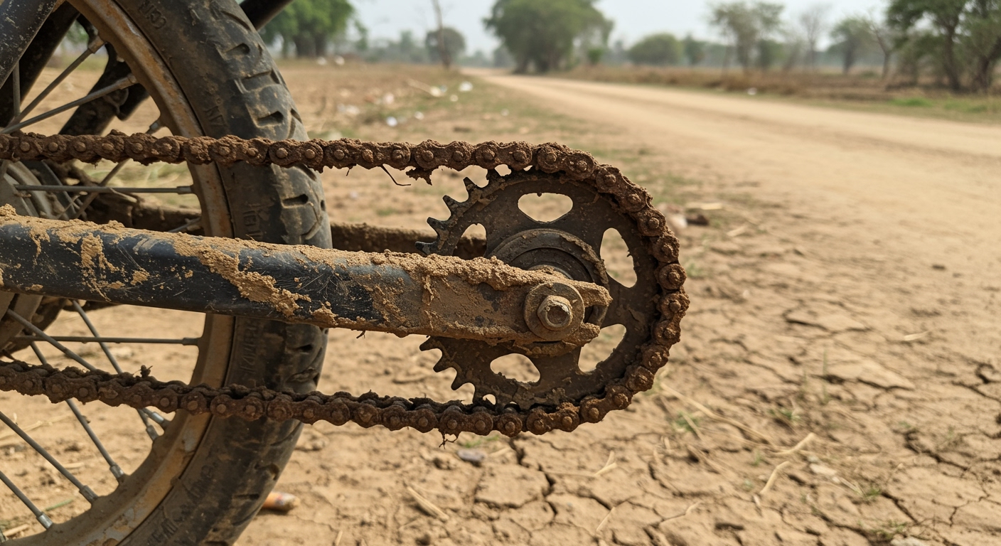 A close-up shot of a heavily rusted and caked-in-mud motorcycle drive chain on a bike parked by a dusty Indian rural road, signifying severe neglect.