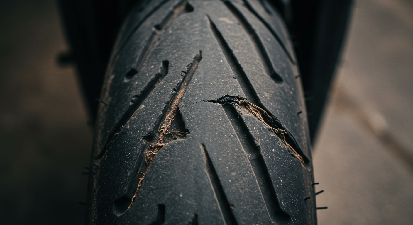 A severely worn-out motorcycle tyre with visible internal cords, unsafe for riding, emphasizing the danger of tyre neglect.