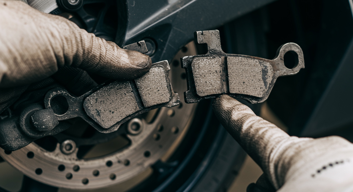 A close-up of a mechanic's gloved hand pointing to heavily worn-out motorcycle brake pads, indicating the need for immediate replacement.