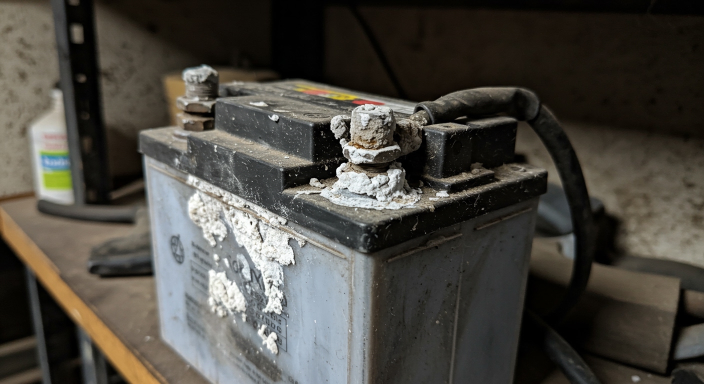 A dead motorcycle battery with heavily corroded terminals, indicating poor maintenance, with a dimly lit garage background.