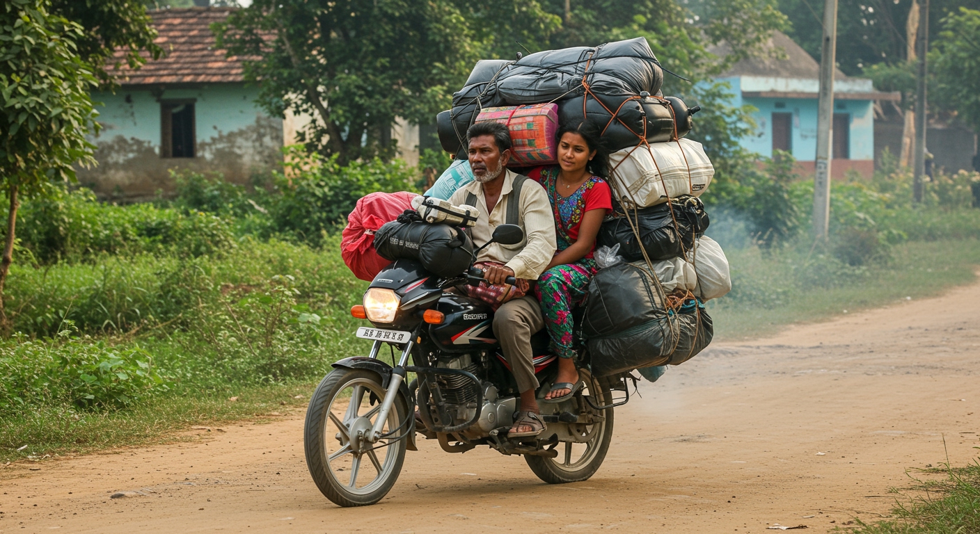 A heavily overloaded small Indian commuter motorcycle with two riders and excessive luggage, struggling on a rural road, portraying the hazards of overloading.