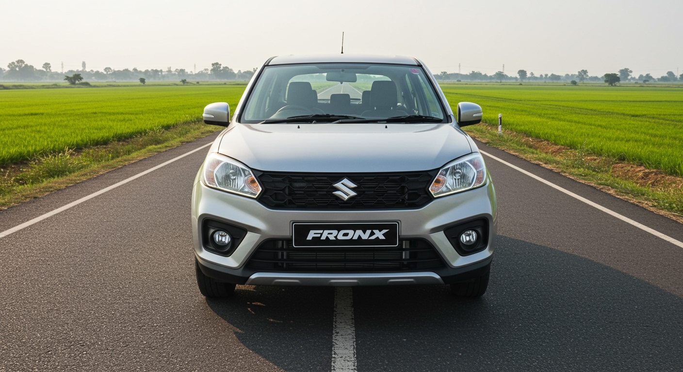 Front view of Maruti Suzuki Fronx showcasing its distinctive grille and LED DRLs on a highway in India, surrounded by lush green fields.