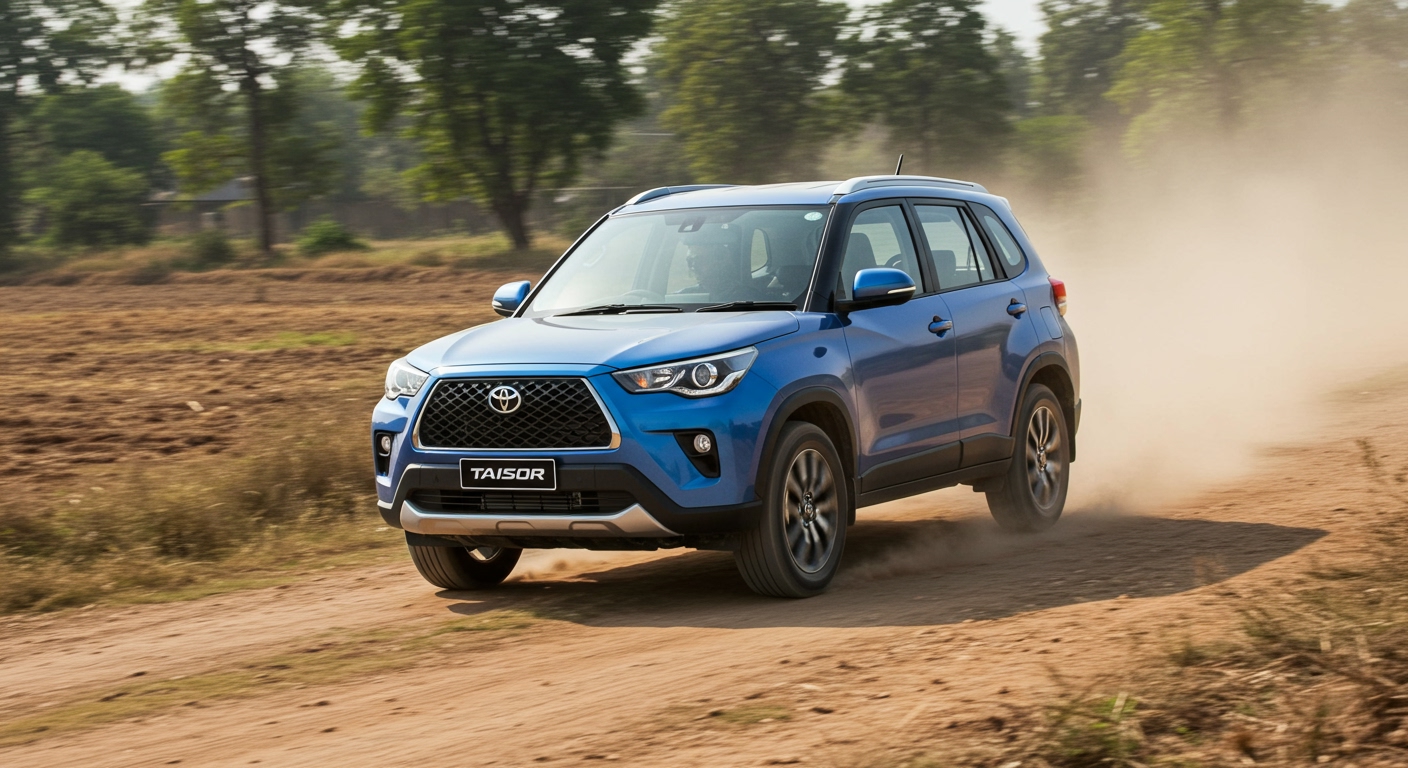 Toyota Urban Cruiser Taisor driving confidently over a slightly uneven Indian rural road, dust visible, showcasing its ground clearance.