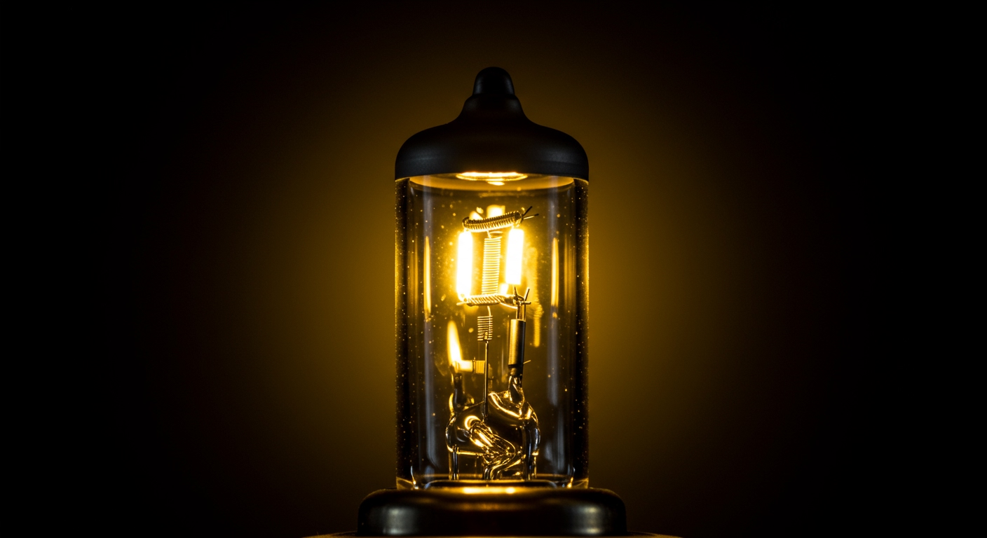 Macro shot of a glowing automotive halogen bulb with its filament clearly visible inside a quartz capsule, emitting a warm yellow light, surrounded by a subtle aura, industrial photography style.