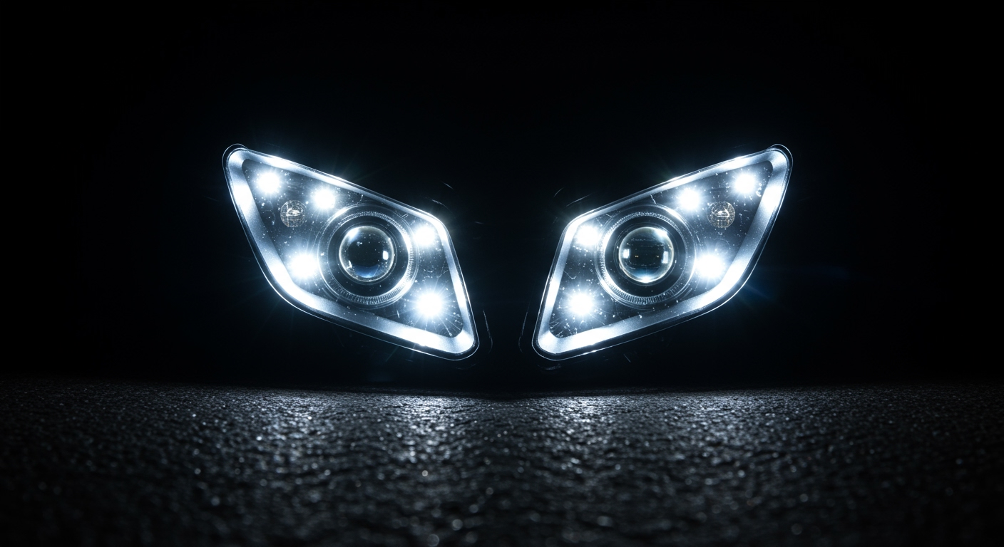 Futuristic view of a modern motorcycle headlight assembly featuring multiple bright white LED modules, radiating powerful, crisp beams onto a dark road, emphasizing bright white light and sleek design, taken from rider's perspective at night.