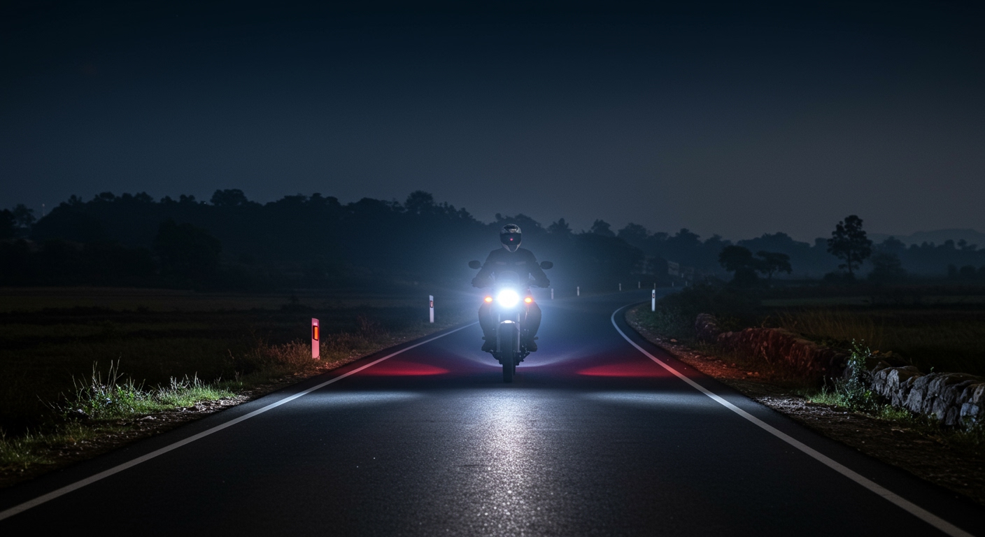 Dramatic long exposure shot of a motorcycle riding at night on a winding, unlit Indian highway, showing bright, clear LED headlight beams cutting through the darkness, surrounded by misty rural landscapes, conveying a sense of safety and visibility.