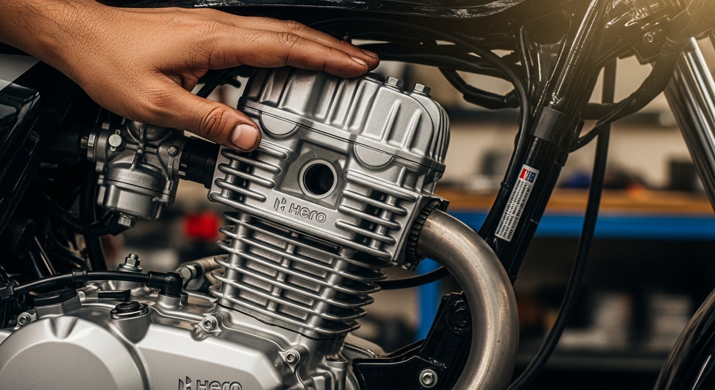 A close-up shot of a well-maintained Hero Splendor Plus engine block, showcasing its simplicity and robust build, with a mechanic's hand gently touching it. Soft workshop lighting, realistic.