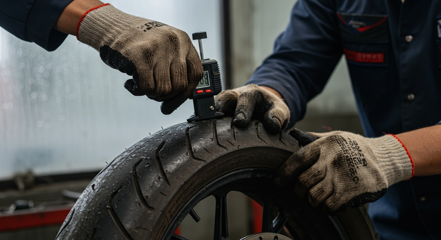 Close-up shot of a skilled Indian mechanic's hands, wearing oil-stained gloves, meticulously checking the tread depth of a motorcycle tire with a digital tire gauge in a busy, workshop setting. Rain streaks are visible on a windowpane in the blurry background, emphasizing the monsoon theme. The motorcycle tire is slightly muddy, suggesting recent riding. Well-lit, focused on the hands and tire.