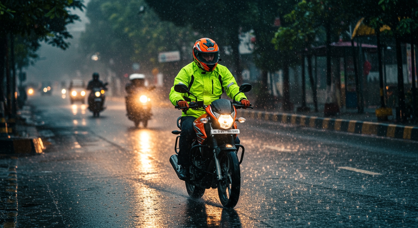 A lone Indian rider on a motorcycle, wearing a bright yellow or orange waterproof riding jacket and helmet, carefully navigating a city street during light to moderate monsoon rain. The rider is maintaining a safe, upright posture. The road is wet, but there are no deep puddles. Other vehicles are visible in the background, dimly lit. The scene emphasizes safety and caution. Realistic, Indian urban setting.