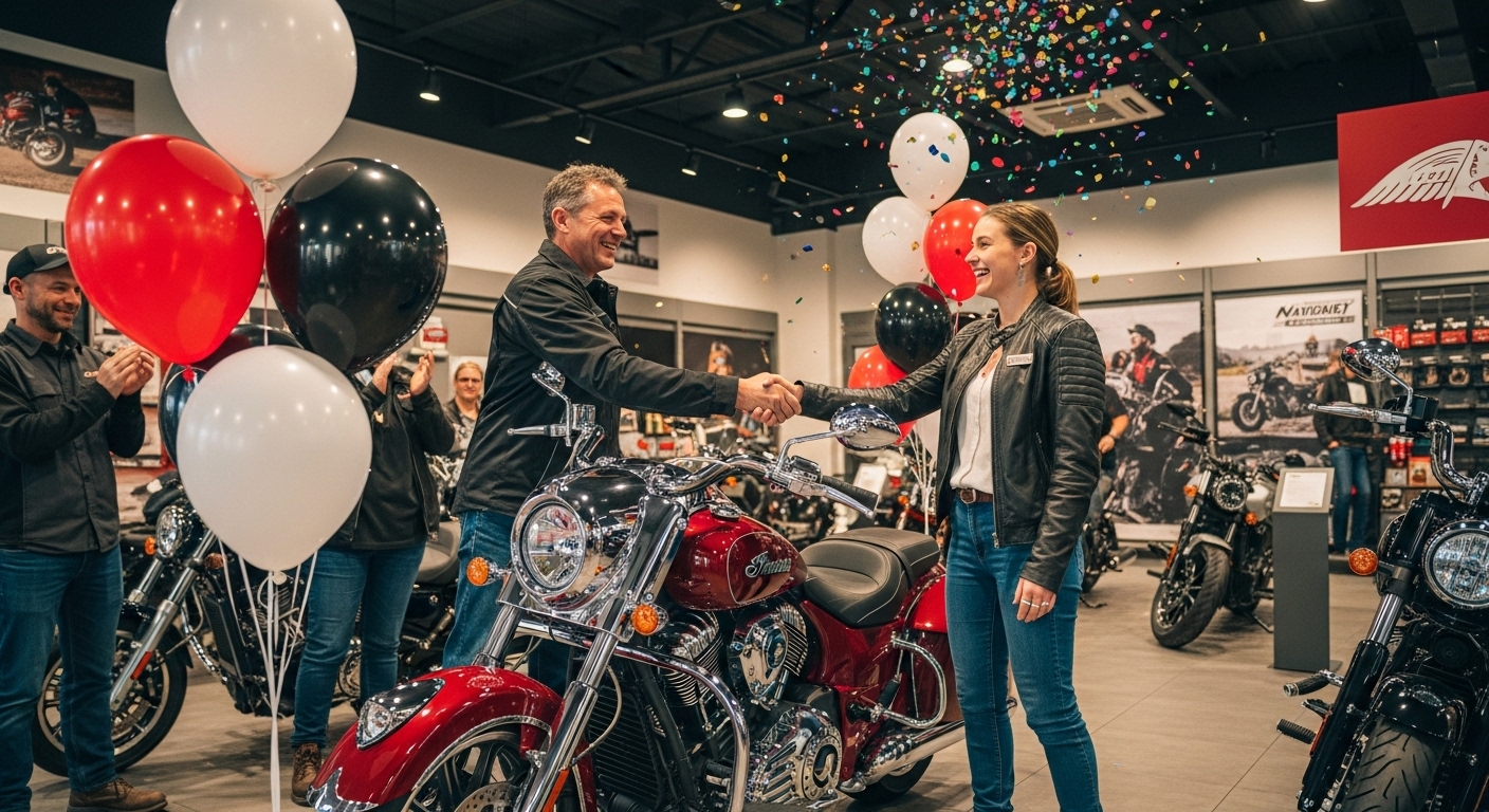 A person proudly taking delivery of a shiny new motorcycle at an Indian dealership, surrounded by balloons and confetti, a representative shaking their hand, jubilant atmosphere.