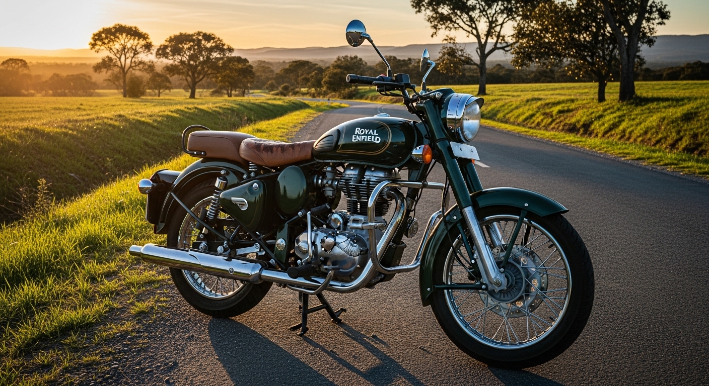 A well-maintained Royal Enfield Classic 350, a popular model in India, parked beside a scenic rural road at sunset, looking timeless and robust, conveying reliable second-hand value.