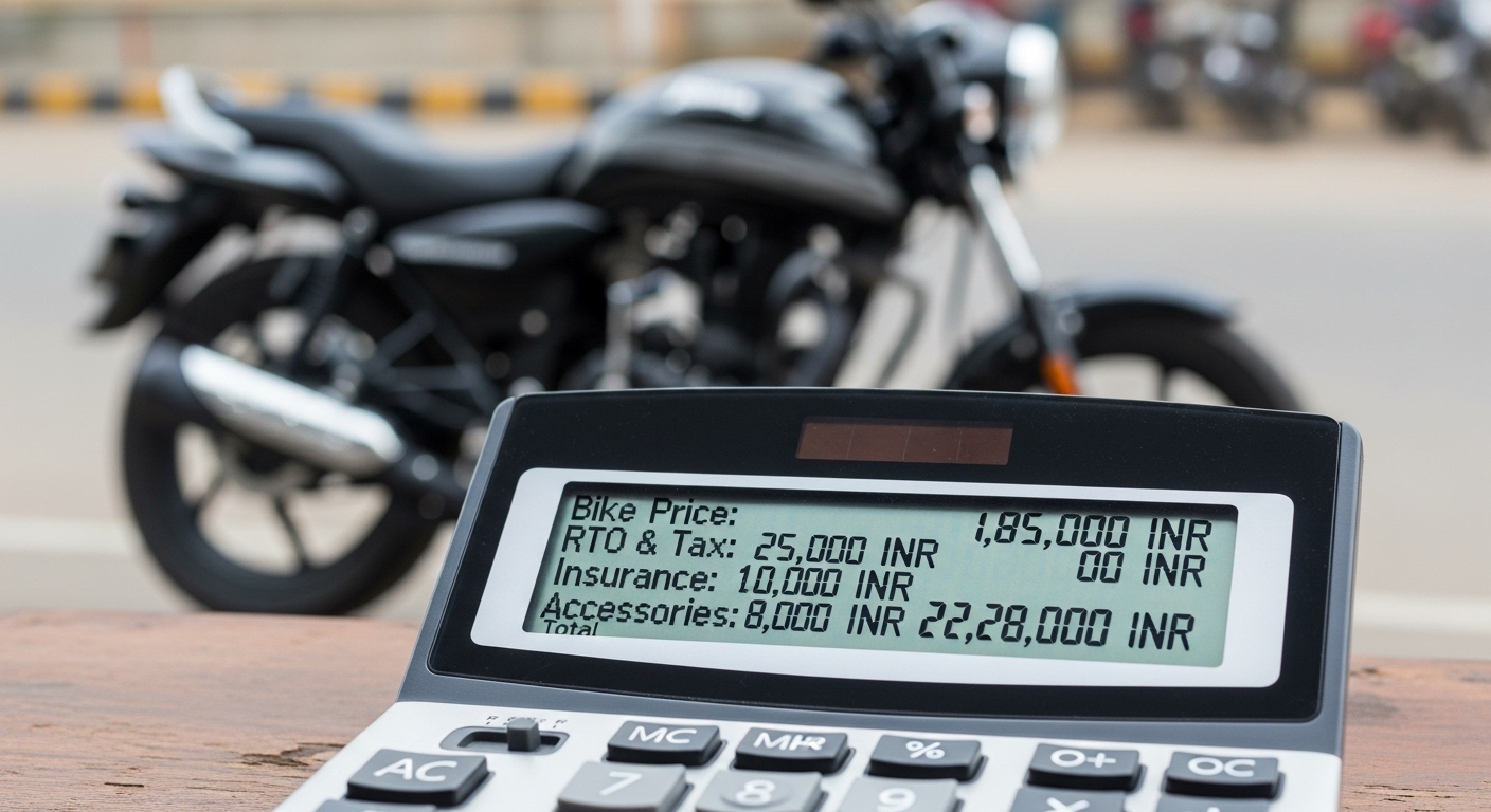 A calculator displaying financial figures with a blurred motorcycle in the background, illustrating the monetary aspect of buying a bike in India, focusing on budgeting and costs.