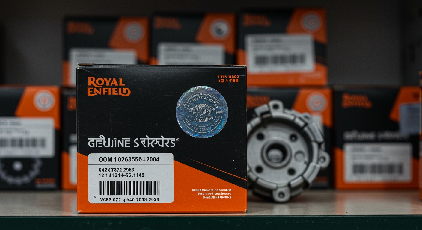 Close-up shot of an OEM motorcycle spare part box, clearly showing a well-known Indian motorcycle brand logo (e.g., Royal Enfield, Bajaj, TVS) with a holographic seal for authenticity. The part visible inside, perhaps a pristine clutch plate or a spark plug, looks high-quality and precisely manufactured. The background is slightly blurred with other genuine parts on a clean, organized shelf. Studio lighting, professional product photo, detailed texture, sharp focus on branding.