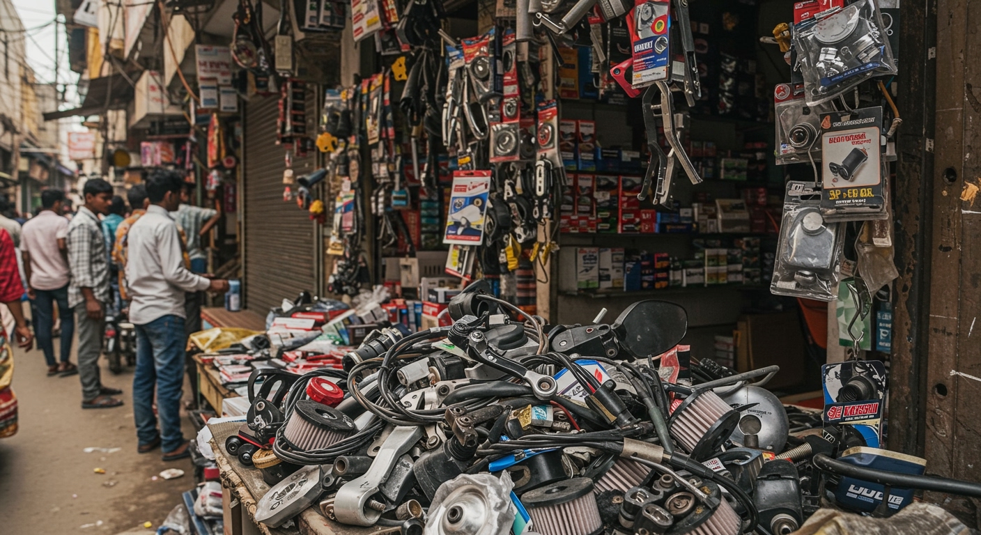 A bustling Indian motorcycle spare parts market, with various shops lining a narrow street. A vendor is showcasing a diverse range of aftermarket motorcycle parts – some unbranded, some with local brand names – displayed haphazardly on shelves and hooks. Focus on a pile of diverse parts: levers, cables, mirrors, and filters. The scene is vibrant, crowded with people, motorcycles, and auto rickshaws, realistic street photography, daylight, strong Indian cultural elements.