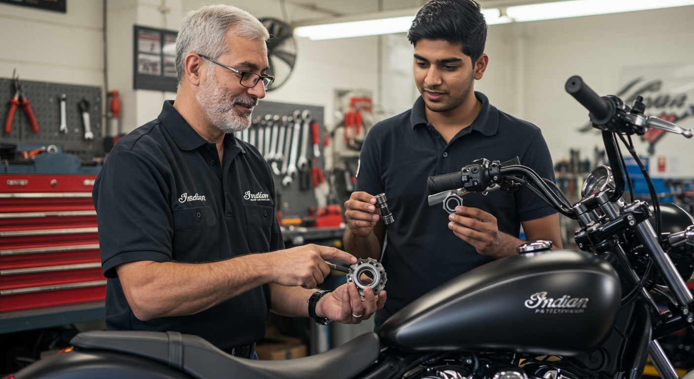 A friendly, experienced Indian motorcycle mechanic in his workshop, explaining the difference between two parts to a young, engaged Indian customer. The mechanic points to a specific component on a motorcycle chassis while holding both an OEM and an aftermarket part. Tools are visible on a workbench in the background, creating an authentic workshop atmosphere. The expressions are thoughtful and communicative. Natural lighting, warm tones, realistic portrait, focus on interaction.