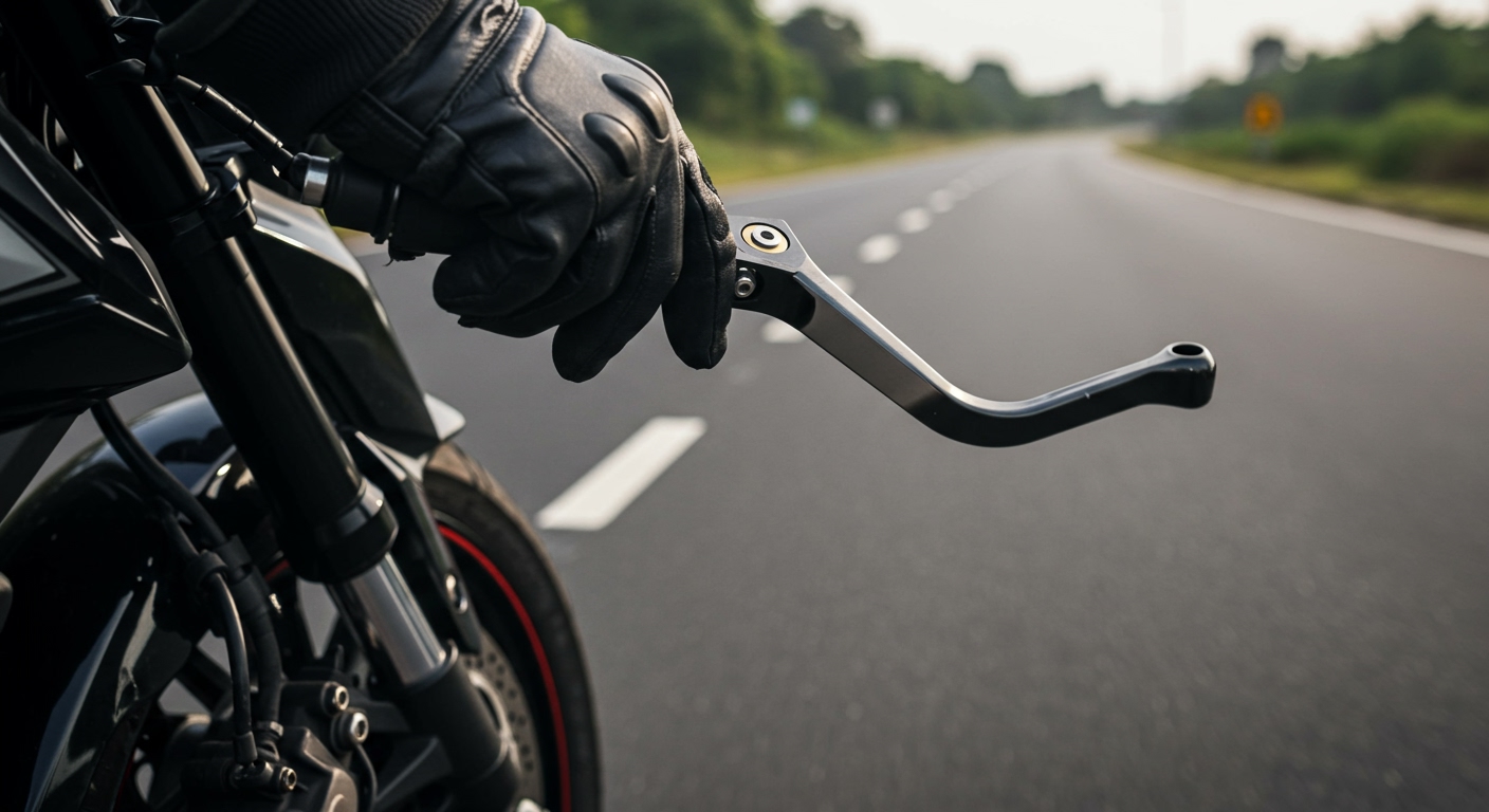 A close-up shot of a rider's hand gripping a motorcycle brake lever, with a clear view of the front brake caliper and disc. The emphasis is on safety, showing well-maintained, high quality brake components. The road ahead with clear markings is visible in the background, suggesting safe and responsible riding on an Indian highway. Dynamic shot, slightly blurred background, high detail on the brake system components, realistic.