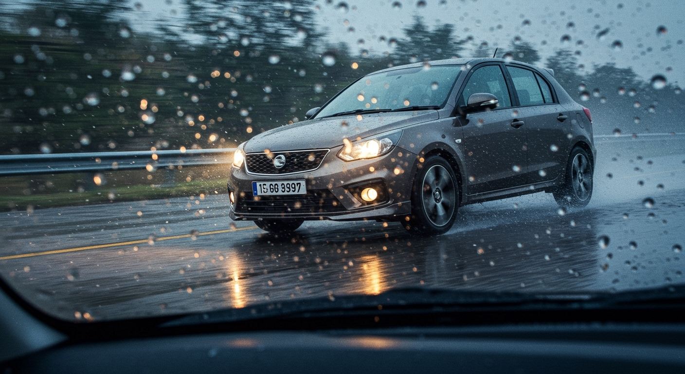A car's front end dipping significantly during hard braking on a wet Indian road, illustrating 'nosedive'. Rain droplets visible on the windshield, dramatic lighting, motion blur to show speed, realistic.