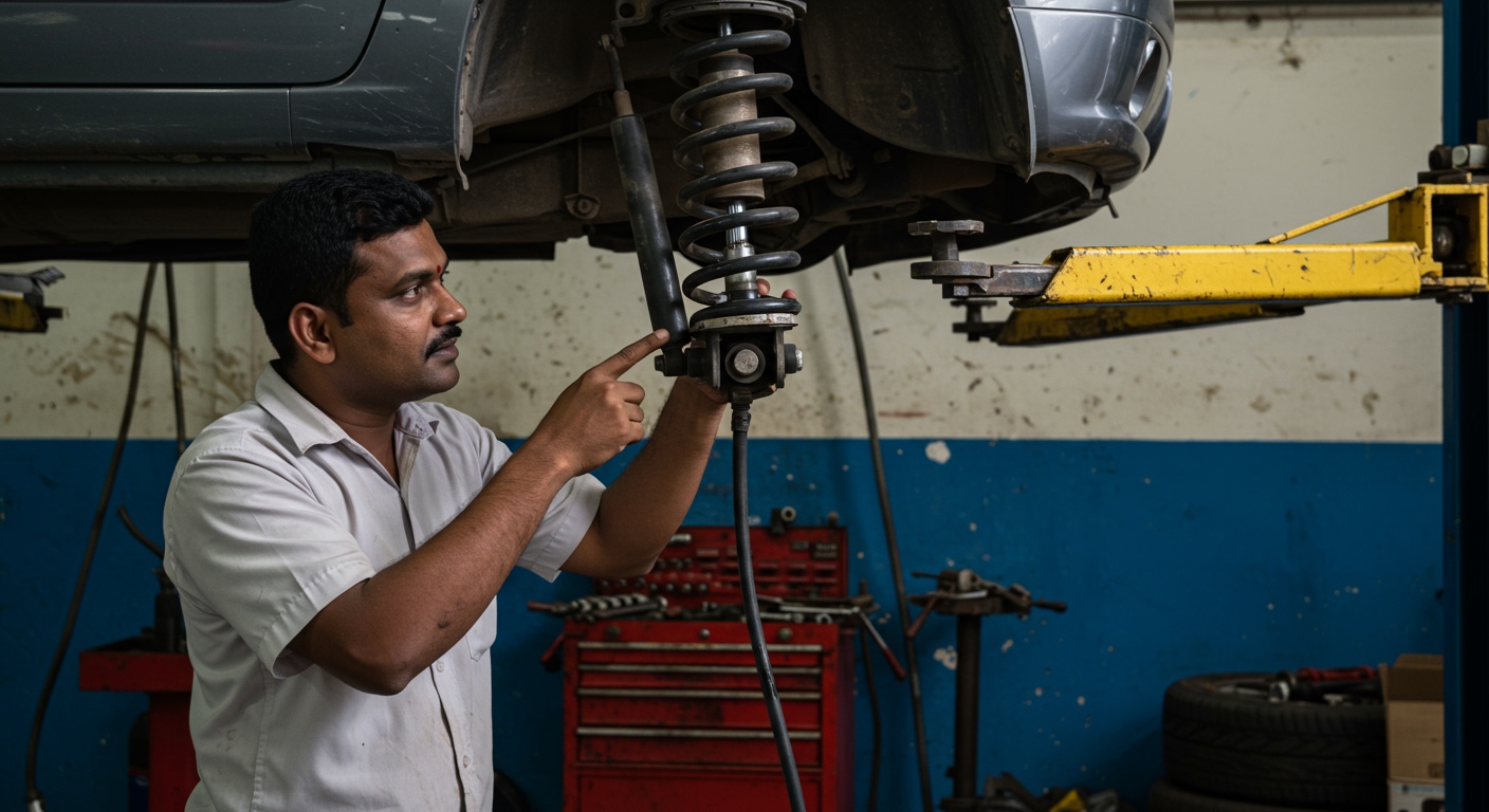 A mechanic inspecting the suspension of a car on a lift in an Indian garage. He is pointing at a leaking shock absorber, with various tools visible around. Authentic garage setting, realistic lighting.