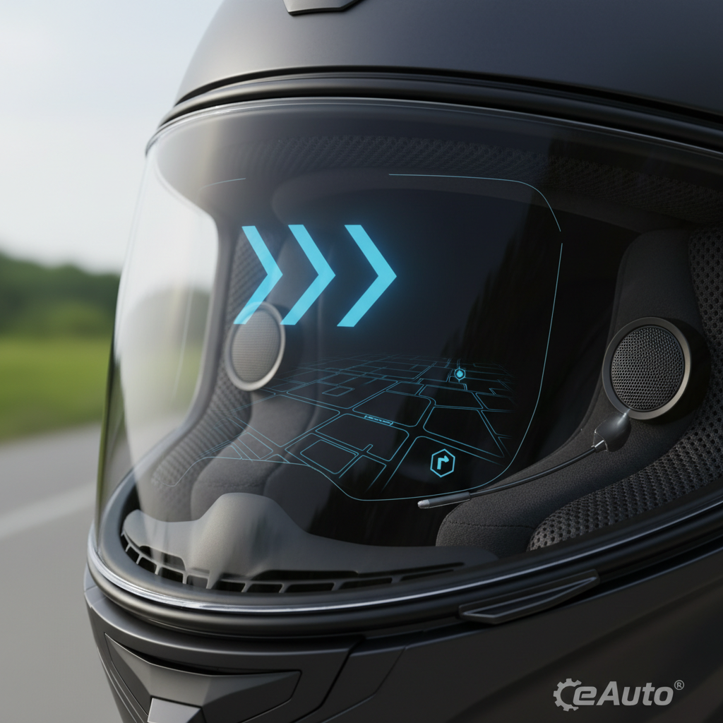 A close-up shot of the interior of a motorcycle smart helmet, showcasing integrated speakers, a microphone, and a subtle heads-up display (HUD) projecting translucent navigation arrows onto the visor. The internal padding is visible, highlighting comfort and technology working in harmony. A faint map overlay can be seen in the HUD, indicating a turn ahead.