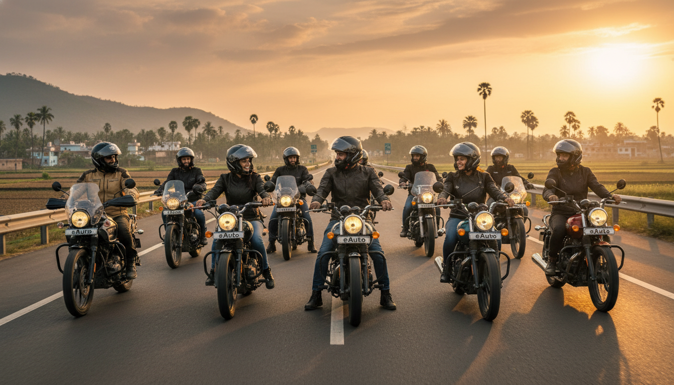 A group of diverse Indian motorcyclists, all wearing smart helmets, riding together on a well-maintained highway during a clear day. They are smiling and appear to be communicating with each other through their helmet systems. The bikes are a mix of adventure tourers and cruisers, and the background shows typical Indian rural beauty, perhaps a sunset or sunrise.
