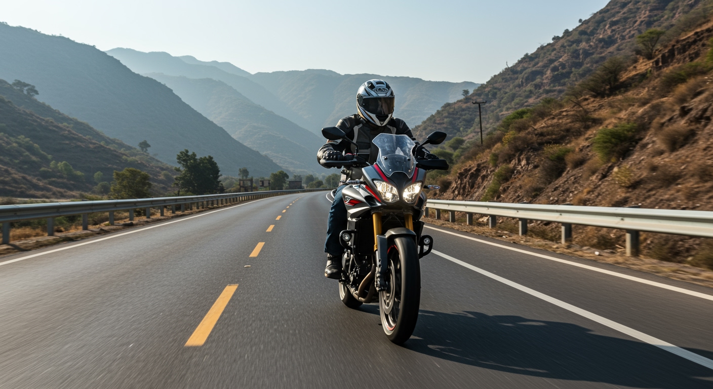 An Indian rider, wearing a helmet and riding gear, confidently riding a well-maintained motorcycle on a scenic highway in India, with a smooth, clear road ahead and mountains in the background, symbolising peace of mind due to good maintenance and carefree riding.