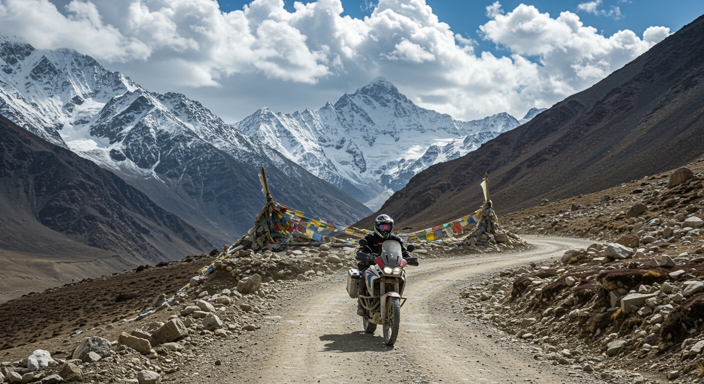 A lone motorcycle, a sturdy adventure bike, navigating a challenging dirt road in the high Himalayas. Snow-capped peaks surround the winding path, with prayer flags fluttering in the distance. The sky is a brilliant blue with dramatic white clouds. The feel is rugged and adventurous.