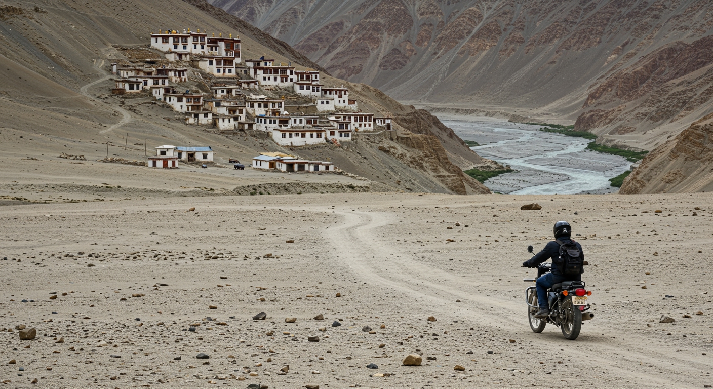 A motorcycle rider on a Royal Enfield traversing a desolate, moon-like high-altitude desert landscape in Spiti Valley. Ancient monasteries (like Key Monastery) dot the distant hills, and the Spiti River flows through a deep gorge. The overall atmosphere is stark, serene, and awe-inspiring.