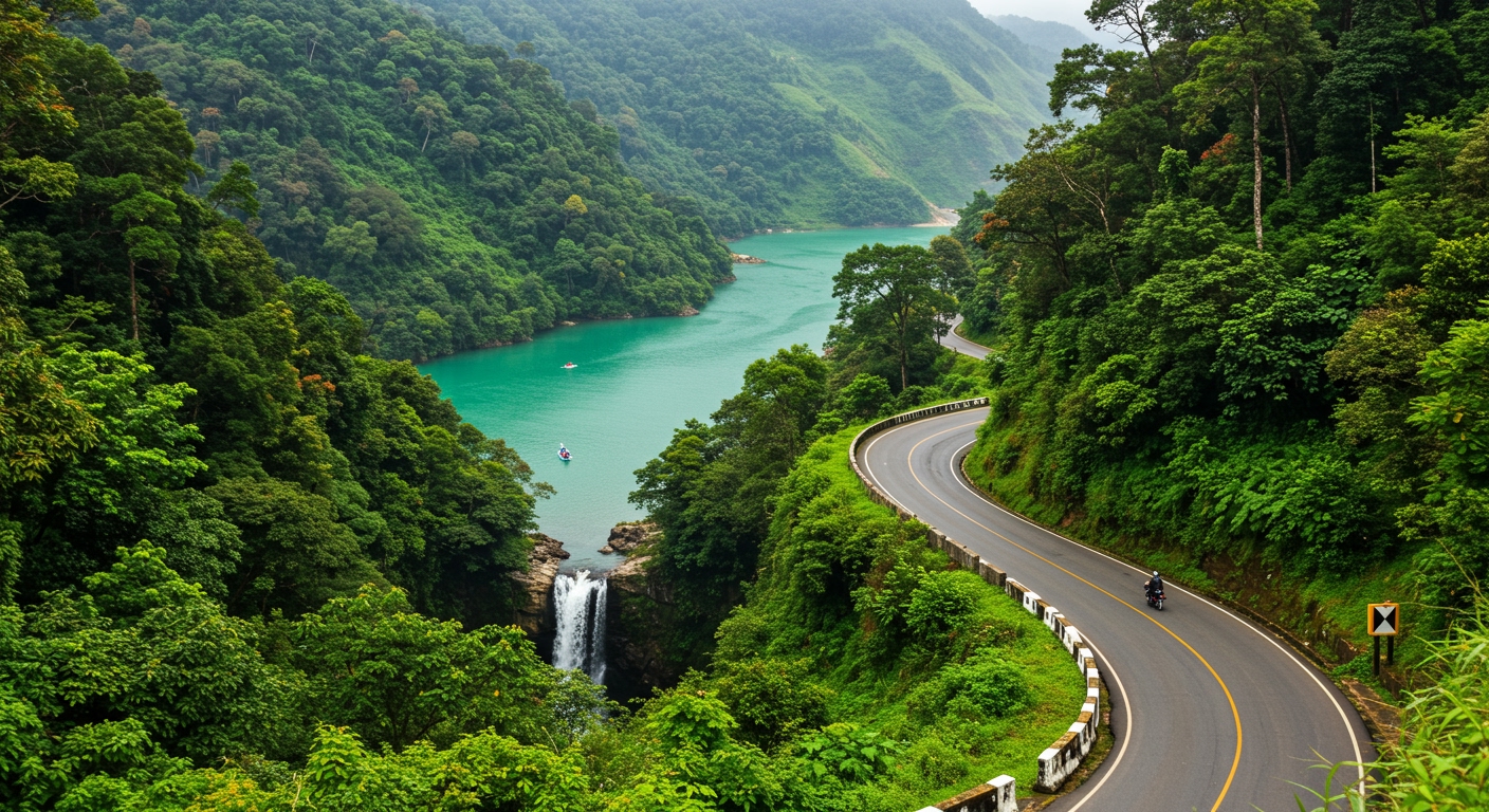 A wide-angle shot of a winding, scenic road cutting through lush green hills and dense subtropical rainforest in Meghalaya, India. A small waterfall cascades beside the road. In the distance, the crystal-clear turquoise waters of the Dawki River are visible, with small boats passing by. The air feels moist and tropical, vibrant and inviting for a bike ride, with a sense of discovering a hidden gem.